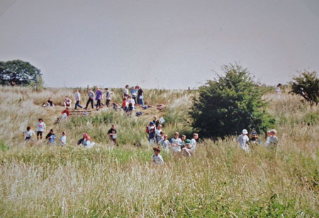 View of many schoolchildren in the meadow
